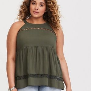 OLIVE LACE HIGH NECK CHALLIS TANK
